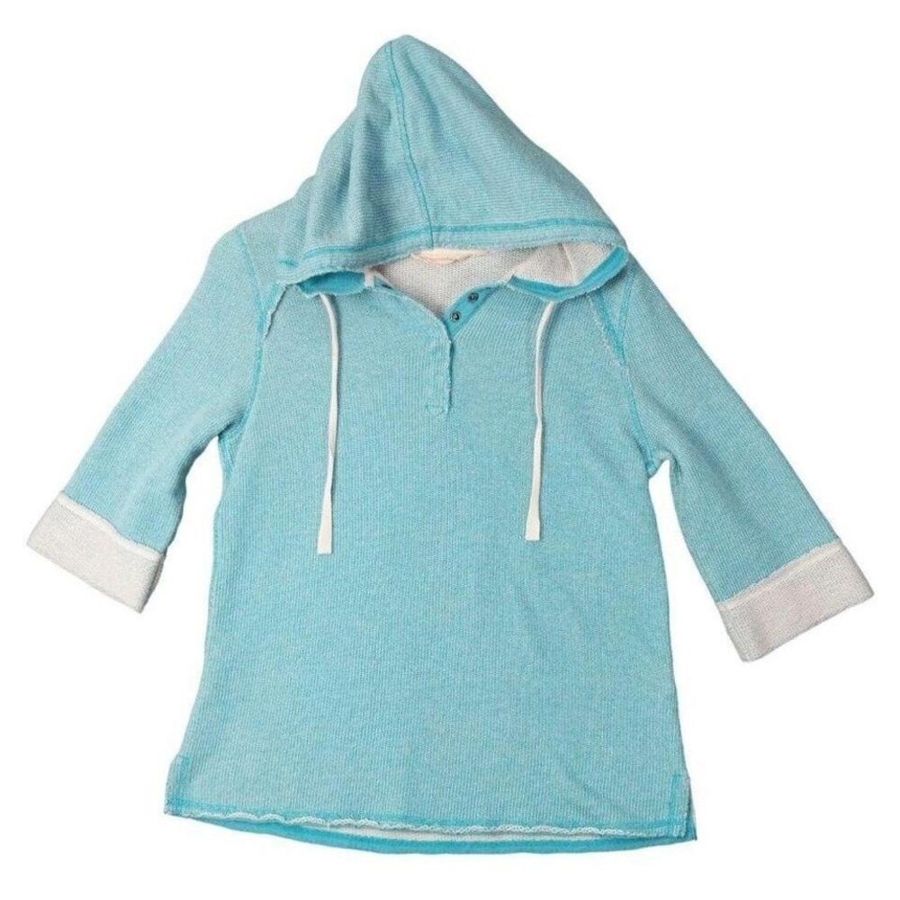 Soft Surroundings Women Coastal Casual Hoodie Tunic PM Aqua Waffle Knit Henley